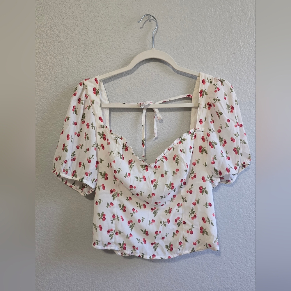 Cherry White Puff Sleeve Top